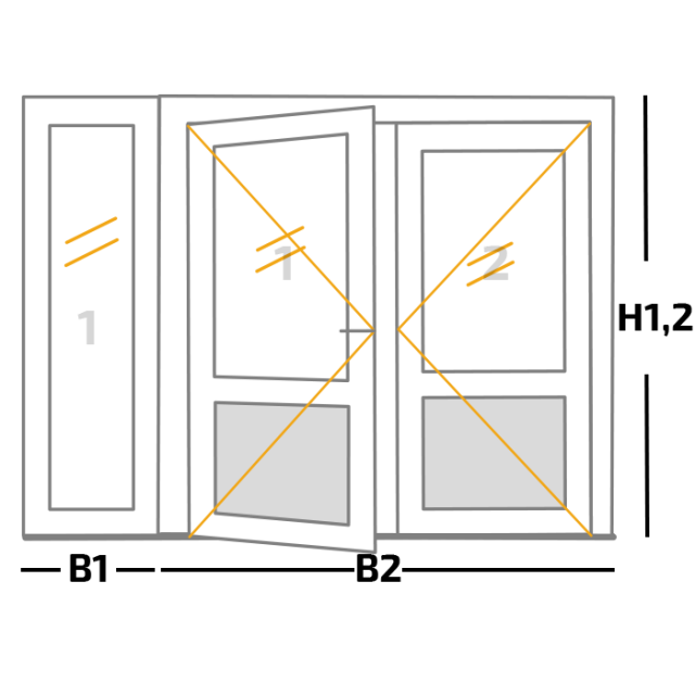 Kozijn + 2 buitendraaiende deuren + 1 vastglas