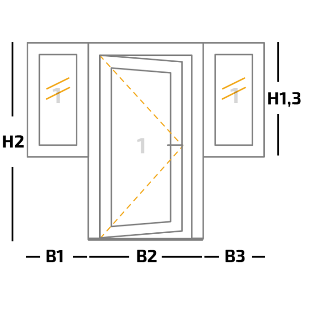 Kozijn + 1 binnendraaiende deur + 2 vastglas