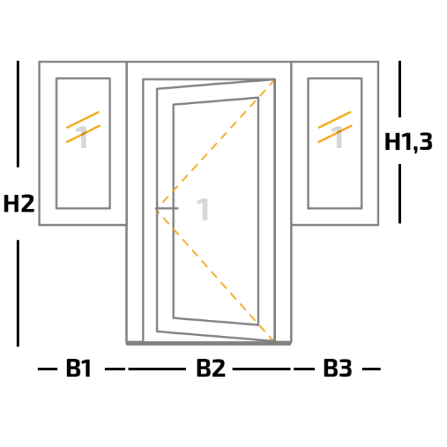 Kozijn + 1 binnendraaiende deur + 2 vastglas